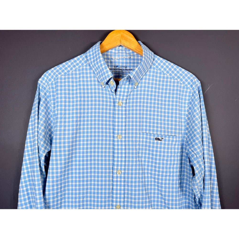 Vineyard Vines On-The-Go Performance Gingham Shirt Blue White Mens Small